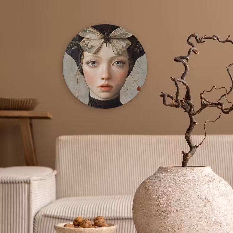Woman - Butterfly - Art - Classic - Muted Wandcirkel kunststof plaat 5mm dik klein -sfeer1