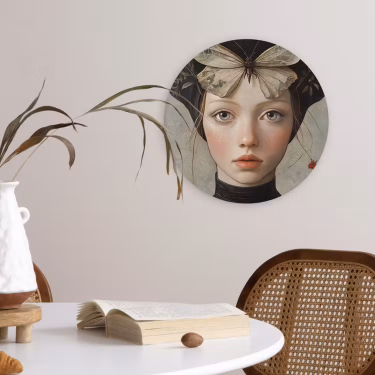 Woman - Butterfly - Art - Classic - Muted Wandcirkel kunststof plaat 5mm dik klein -sfeer4