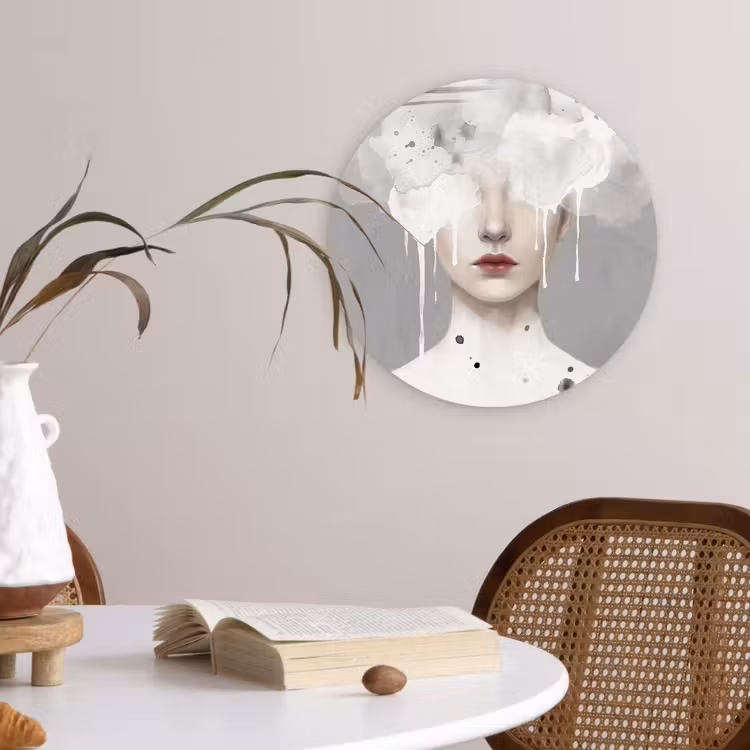 Vrouw - Wolk - Grijs Wandcirkel kunststof plaat 5mm dik klein -sfeer4
