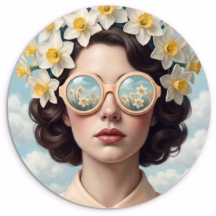 Vrouw - Narcissen - Geel Wandcirkel kunststof plaat 5mm dik klein -3d