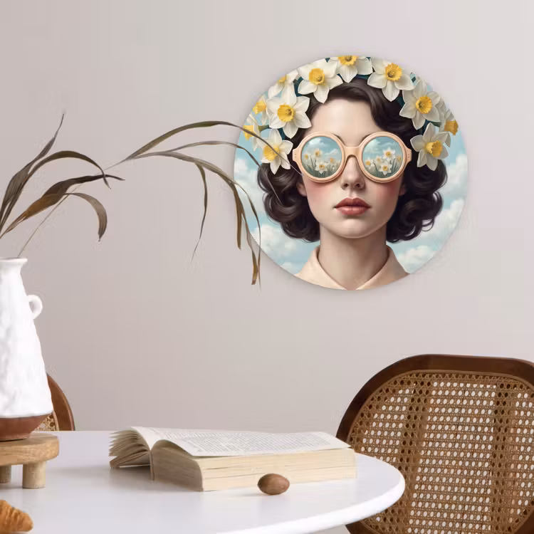 Vrouw - Narcissen - Geel Wandcirkel kunststof plaat 5mm dik klein -sfeer4