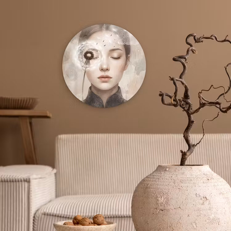 Vrouw - Sereen - Grijs Wandcirkel kunststof plaat 5mm dik klein -sfeer1