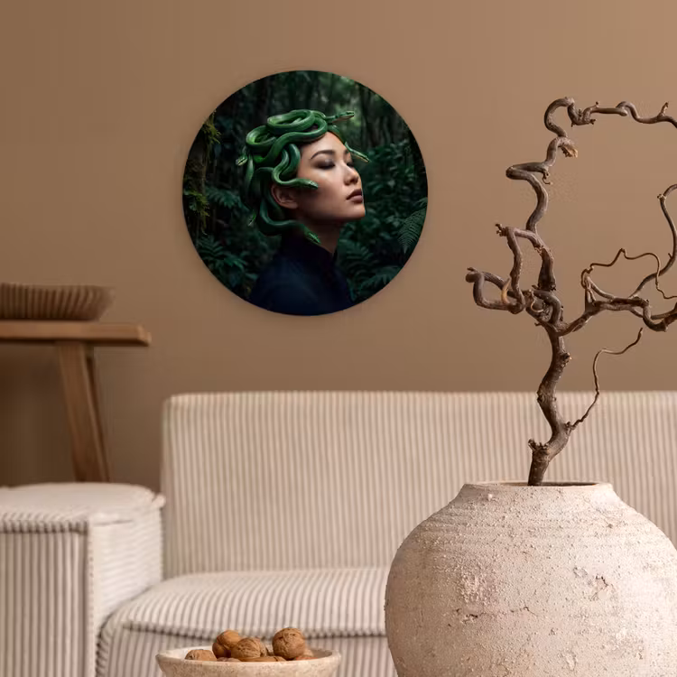 Vrouw - Slang - Natuur - Mystiek - Groen Wandcirkel kunststof plaat 5mm dik klein -sfeer1
