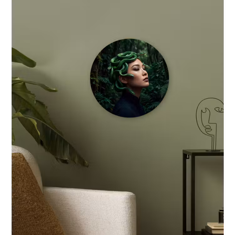 Vrouw - Slang - Natuur - Mystiek - Groen Wandcirkel kunststof plaat 5mm dik klein -sfeer3