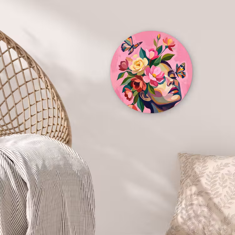 Vrouwengezicht - Vlinders - Kleurrijk Wandcirkel kunststof plaat 5mm dik klein -sfeer5