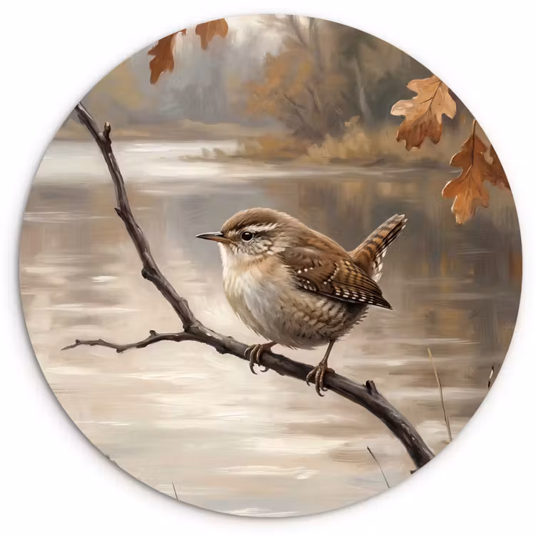 Winterkoninkje - Tak - Rivier - Natuur - Sfeervol Wandcirkel kunststof plaat 5mm dik klein -3d
