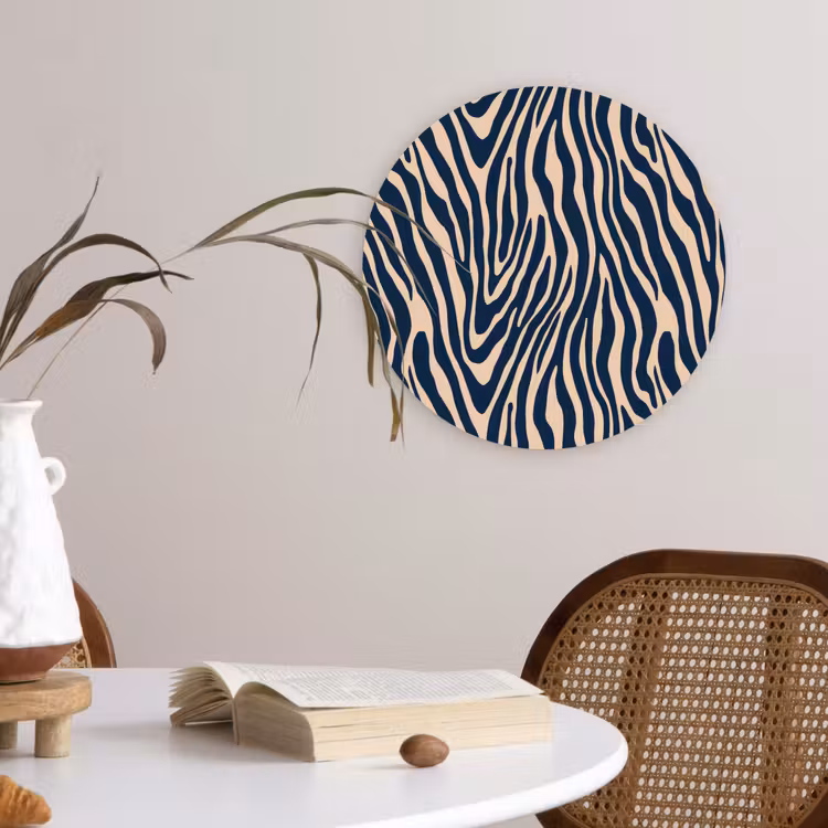 Zebra - Patroon - Blauw - Beige Wandcirkel kunststof plaat 5mm dik klein 188 -sfeer4