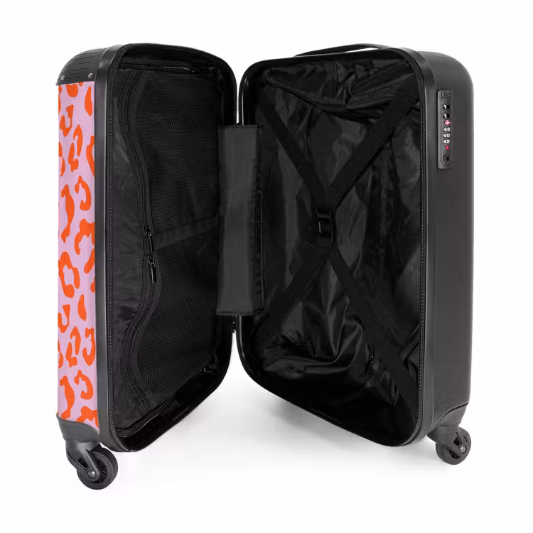Dierenprints - Panterprint koffer in oranje en lichtroze NBS - Handbagage koffer - Unisex middel -binnenkant