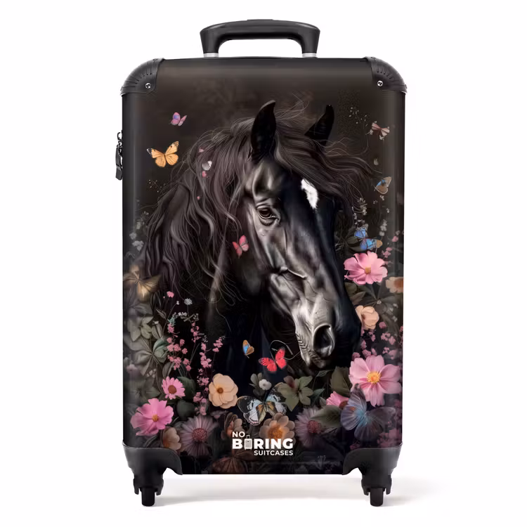 Zwart paard met witte bles en kleurrijke bloemen NBS - Handbagage koffer - Unisex middel -productfoto_recht