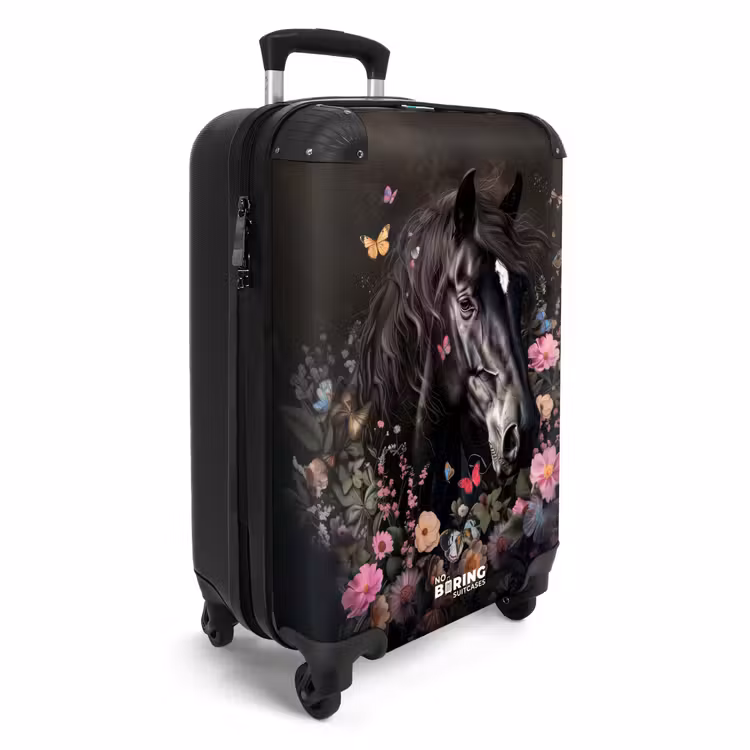 Zwart paard met witte bles en kleurrijke bloemen NBS - Handbagage koffer - Unisex middel -productfoto_3d