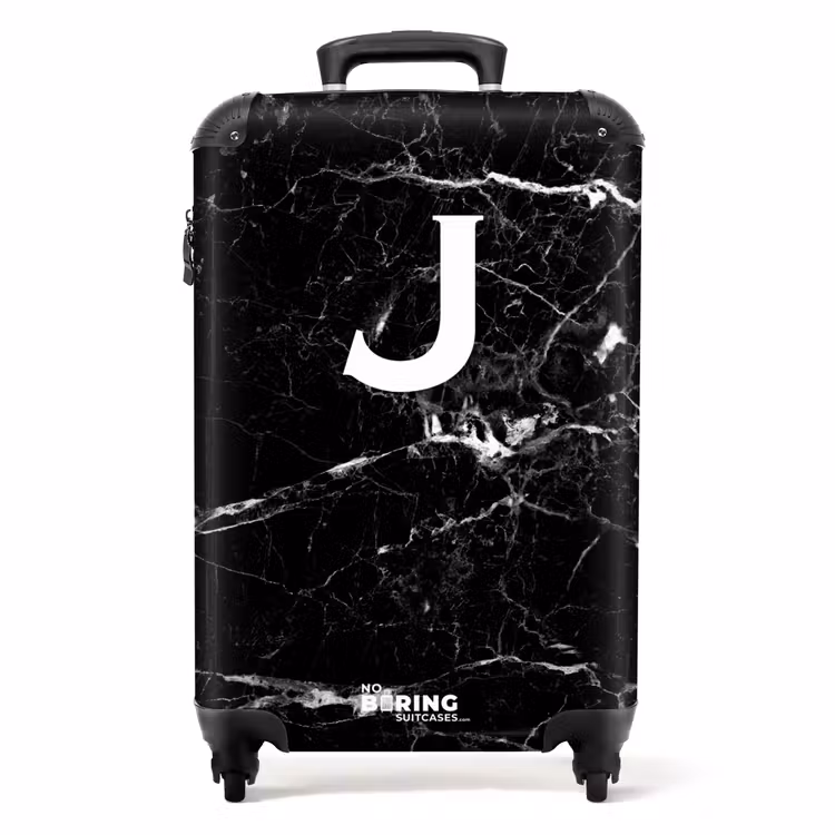 Zwart - Marmer look - Letter J - Marmer NBS - Handbagage koffer - Unisex middel -productfoto_recht