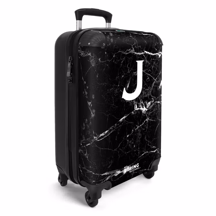 Zwart - Marmer look - Letter J - Marmer NBS - Handbagage koffer - Unisex middel -productfoto_3d
