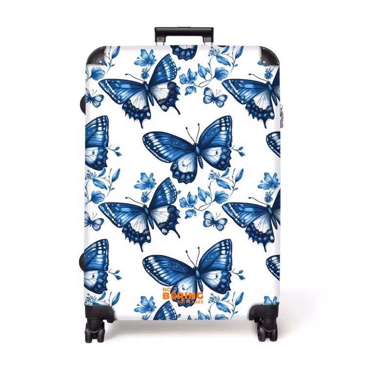 Blauw - Vlinders - Bloemen - Wit NBS - Handbagage koffer - Volwassenen Unisex middel -productfoto_recht