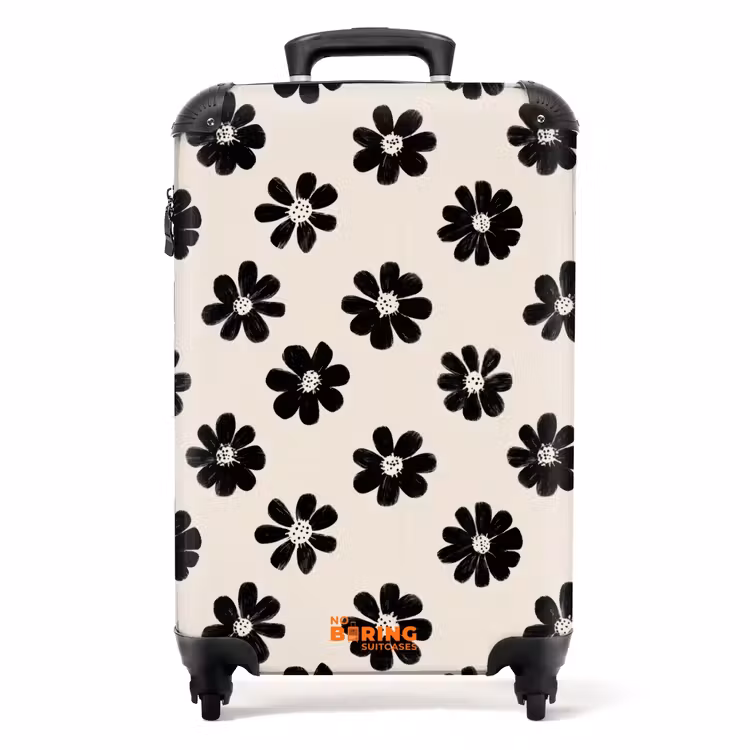 Madeliefjes - Grafisch - Zwart - Beige NBS - Handbagage koffer - Volwassenen Unisex middel -productfoto_recht