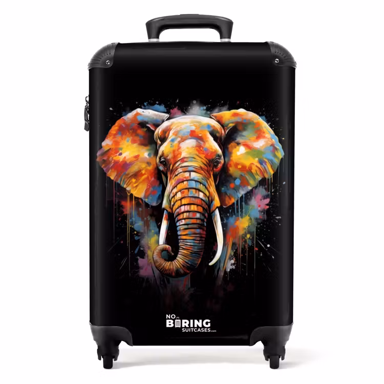 Olifant Versierd met Kleurrijke Spetters NBS - Handbagage koffer - Unisex middel -productfoto_recht