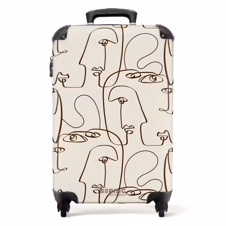Gezichten in bruine lijn op beige achtergrond NBS - Handbagage koffer - Volwassenen Unisex middel -productfoto_recht