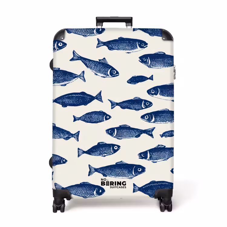 Vissen - Patroon - Blauw - Wit NBS - Handbagage koffer - Volwassenen Unisex middel -productfoto_recht