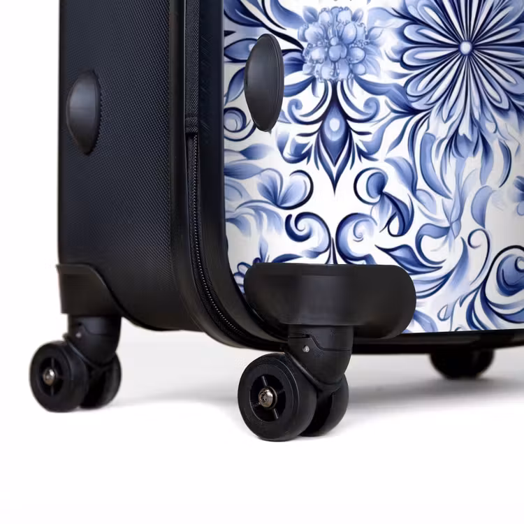 Bloemen - Blauw - Patroon - Wit NBS - Handbagage koffer - Volwassenen Unisex middel -achterkant