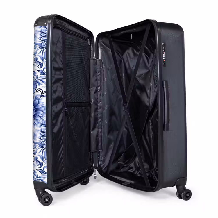 Bloemen - Blauw - Patroon - Wit NBS - Handbagage koffer - Volwassenen Unisex middel -wiel