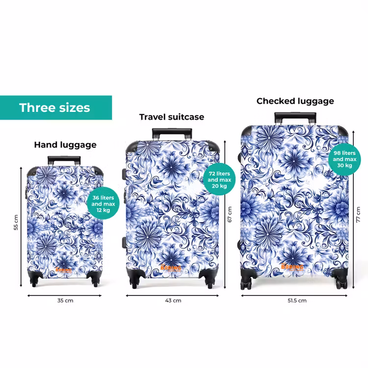 Bloemen - Blauw - Patroon - Wit NBS - Handbagage koffer - Volwassenen Unisex middel zzzzzzVergelijking_3EN