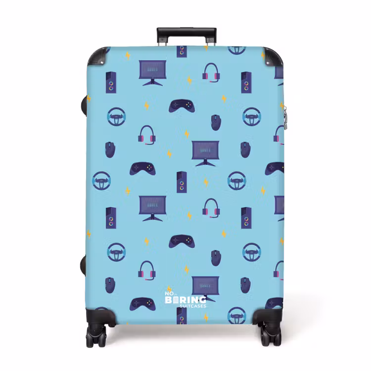 Gamer patroon met spelaccessoires op blauw NBS - Large koffer - Volwassenen Unisex groot -3d