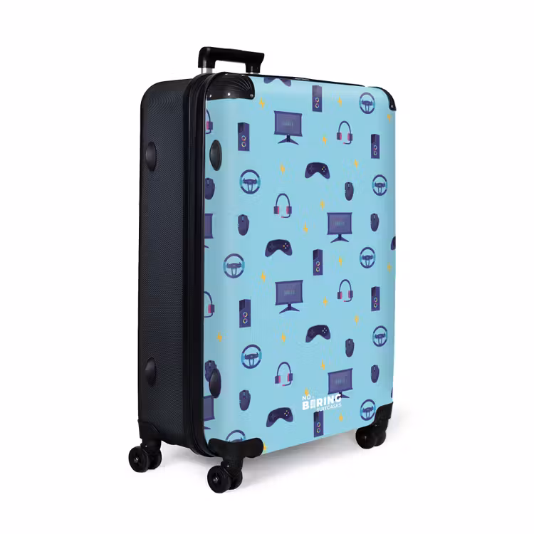 Gamer patroon met spelaccessoires op blauw NBS - Large koffer - Volwassenen Unisex groot -product1