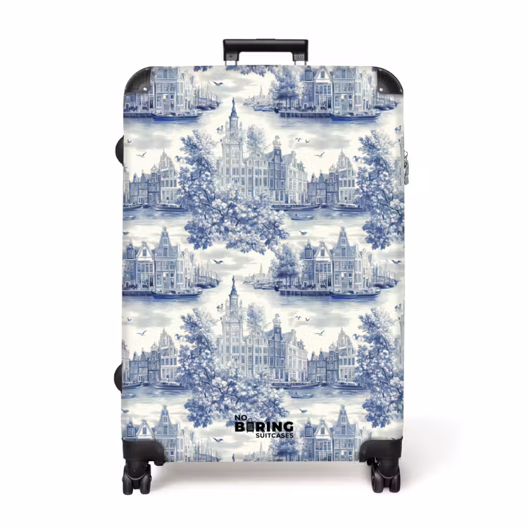 Huizen - Bomen - Water - Vogels - Blauw NBS - Handbagage koffer - Volwassenen Unisex middel -productfoto_recht