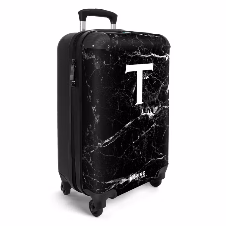 Letter T - Marmer look - Zwart NBS - Handbagage koffer - Unisex middel -productfoto_3d