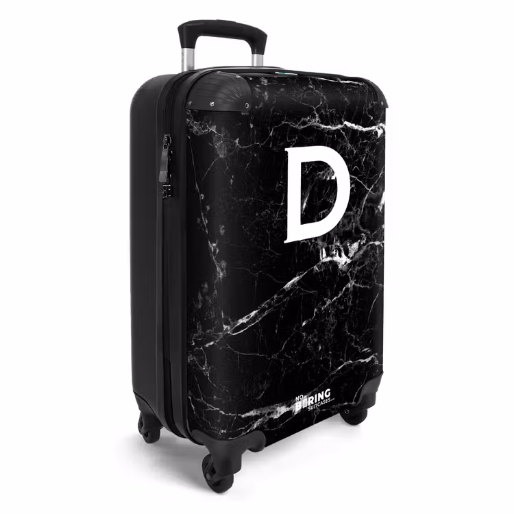 Marmerlook - Zwart - Letter D - Marmer NBS - Handbagage koffer - Unisex middel -productfoto_3d