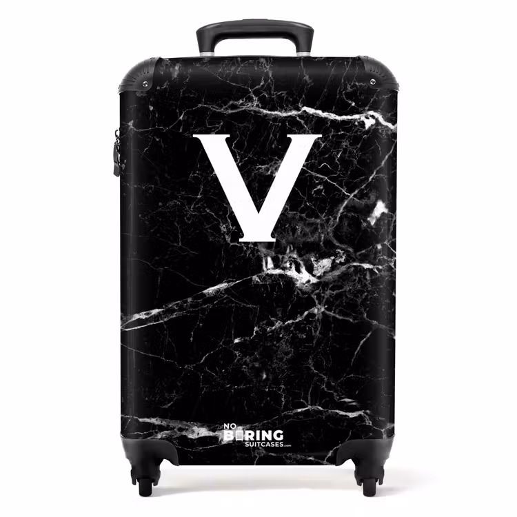 Marmer print - Zwart - Letter V NBS - Handbagage koffer - Unisex middel -productfoto_recht