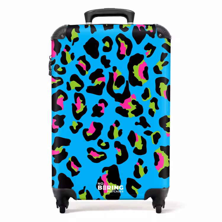 Pantermotief in neonkleuren op blauwe achtergrond NBS - Handbagage koffer - Volwassenen Unisex middel -productfoto_recht