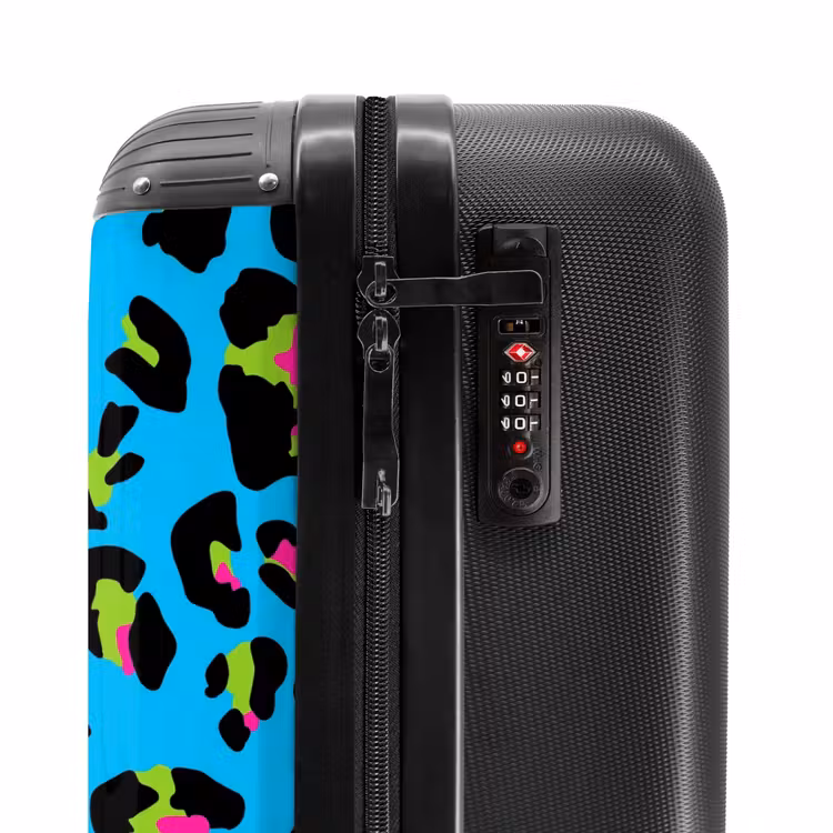Pantermotief in neonkleuren op blauwe achtergrond NBS - Handbagage koffer - Volwassenen Unisex middel -slot