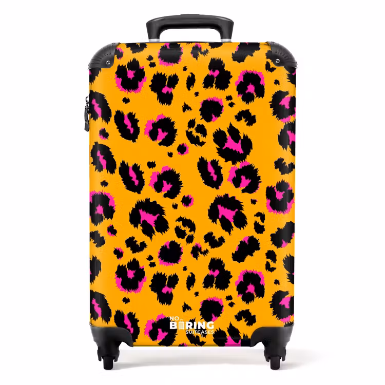 Pantervlekken in zwart en roze op een oranje achtergrond NBS - Handbagage koffer - Volwassenen Unisex middel -productfoto_recht