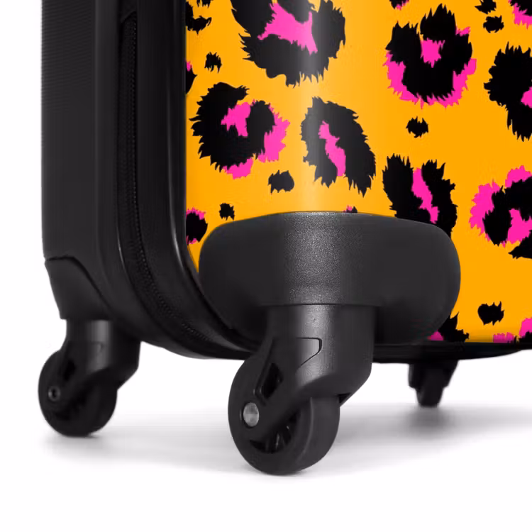 Pantervlekken in zwart en roze op een oranje achtergrond NBS - Handbagage koffer - Volwassenen Unisex middel -wiel