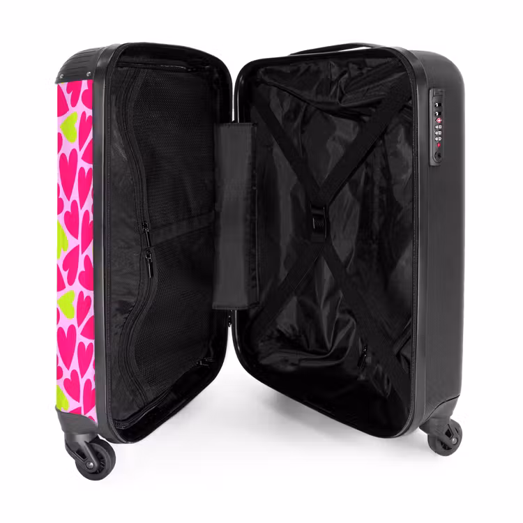 Roze en limoengroene hartjes op lichtroze achtergrond NBS - Handbagage koffer - Volwassenen Unisex middel -binnenkant
