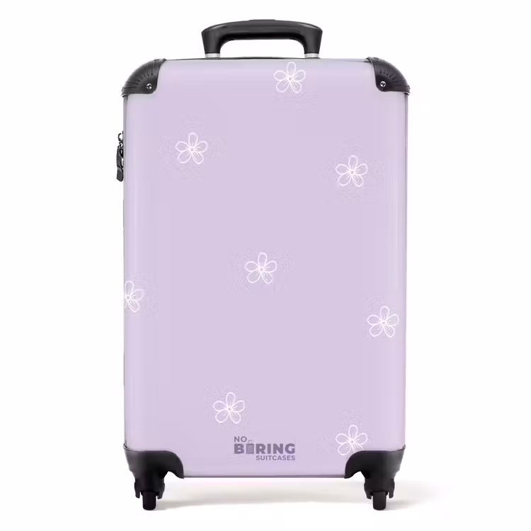Paarse achtergrond met witte bloemen NBS - Handbagage koffer - Unisex middel -productfoto_recht