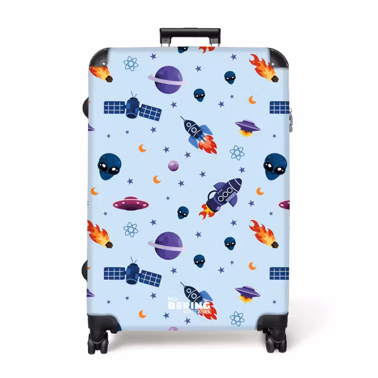 Ruimtevaart en buitenaards patroon op lichtblauw NBS - Large koffer - Volwassenen Unisex groot -3d