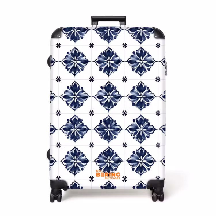 Tegelmotief - Blauw - Wit - Bloem NBS - Handbagage koffer - Volwassenen Unisex middel -productfoto_recht