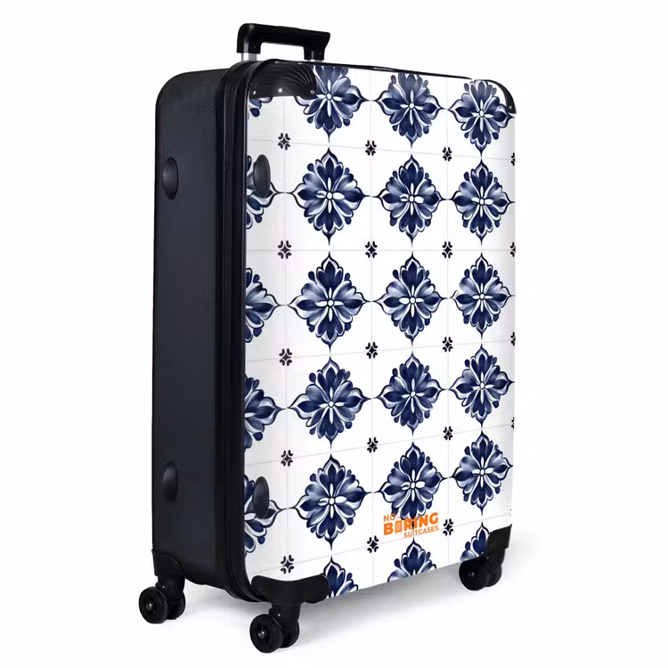 Tegelmotief - Blauw - Wit - Bloem NBS - Handbagage koffer - Volwassenen Unisex middel -productfoto_3d