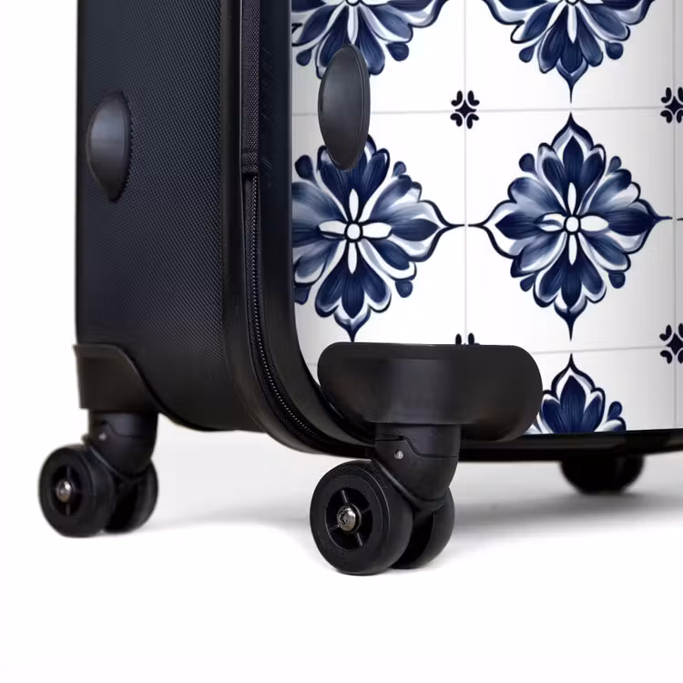Tegelmotief - Blauw - Wit - Bloem NBS - Handbagage koffer - Volwassenen Unisex middel -achterkant