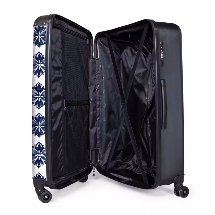 Tegelmotief - Blauw - Wit - Bloem NBS - Handbagage koffer - Volwassenen Unisex middel -wiel