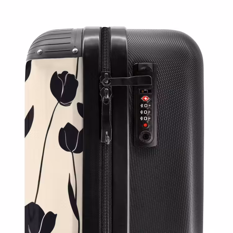 Tulpen - Patroon - Zwart NBS - Handbagage koffer - Volwassenen Unisex middel -slot