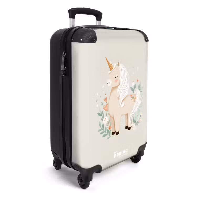 Eenhoorn tussen bloemen in beige kleuren NBS - Handbagage koffer - Volwassenen Unisex middel -productfoto_3d