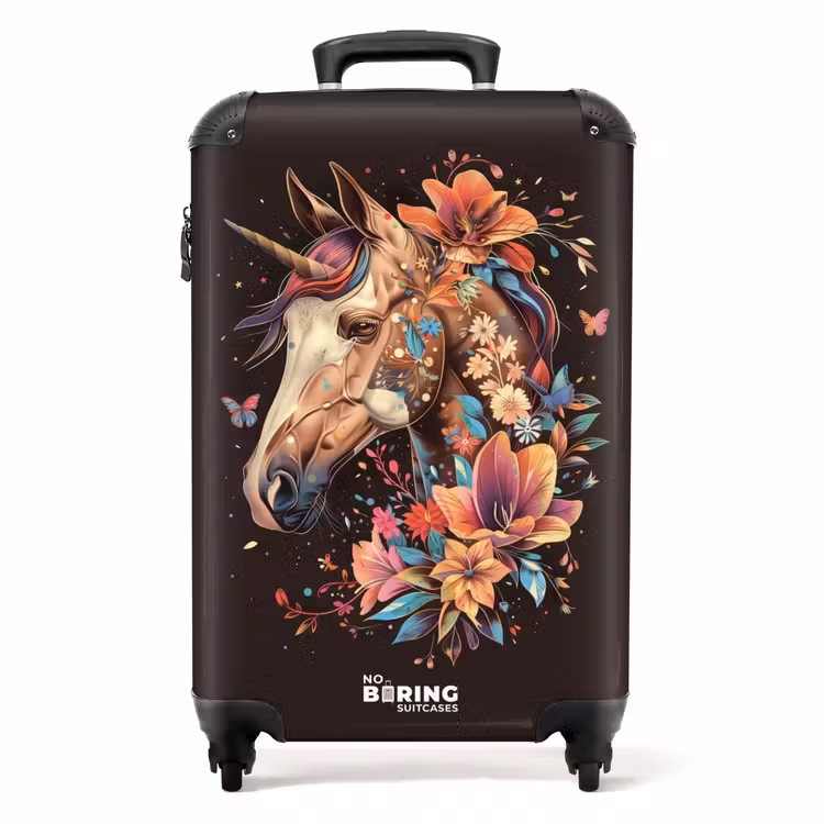 Eenhoorn en Bloemen op Zwarte Achtergrond NBS - Handbagage koffer - Unisex middel -productfoto_recht