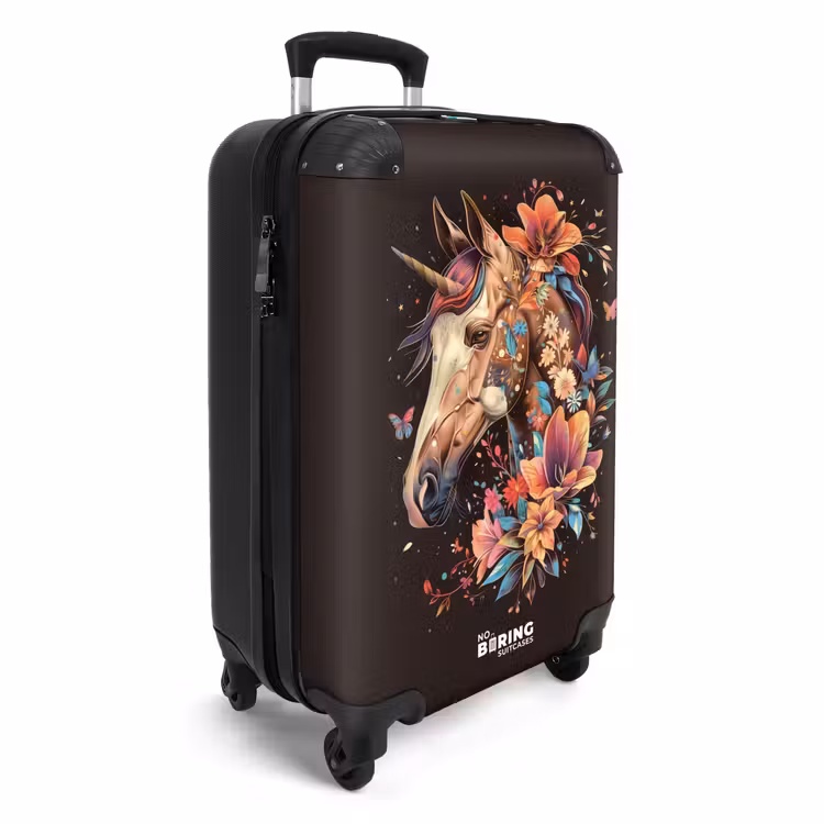 Eenhoorn en Bloemen op Zwarte Achtergrond NBS - Handbagage koffer - Unisex middel -productfoto_3d