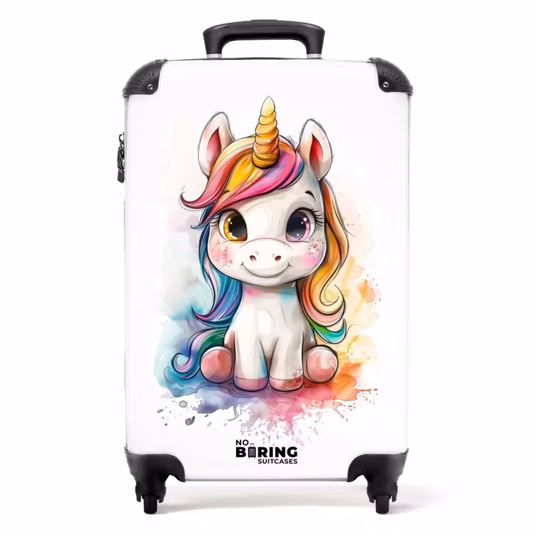 Witte Eemhoorn met Kleurrijke Manen en Verfspatten NBS - Handbagage koffer - Unisex middel -productfoto_recht