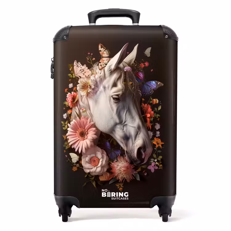 Wit paardenhoofd tussen kleurrijke bloemenkrans NBS - Handbagage koffer - Unisex middel -productfoto_recht