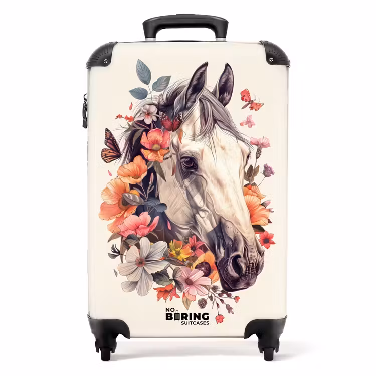 Wit paardenhoofd omringd door bloemen en vlinders NBS - Handbagage koffer - Unisex middel -productfoto_recht