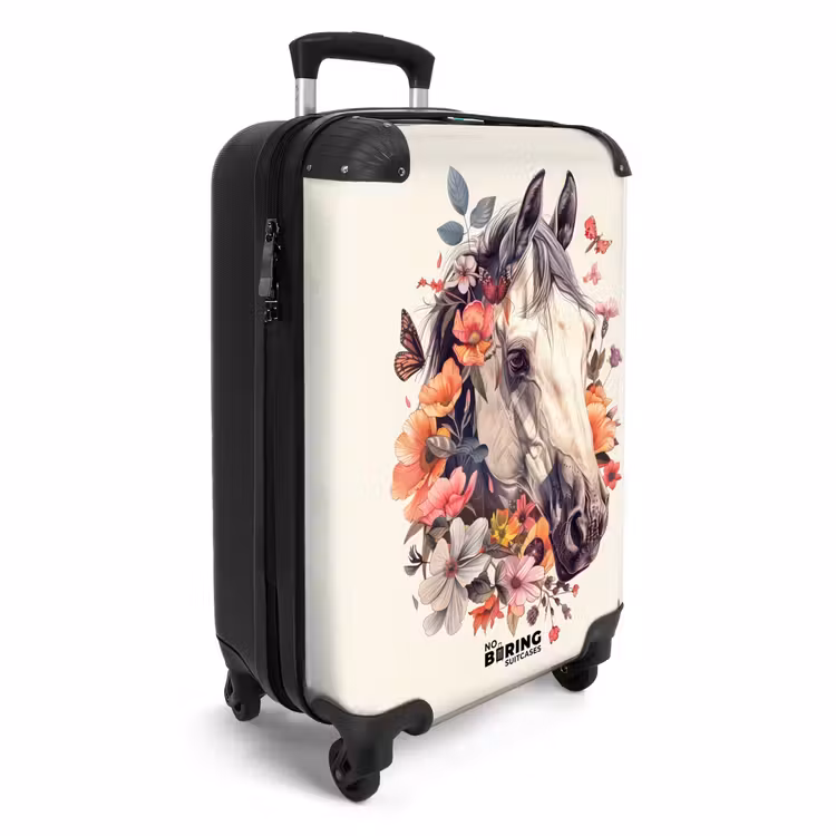 Wit paardenhoofd omringd door bloemen en vlinders NBS - Handbagage koffer - Unisex middel -productfoto_3d