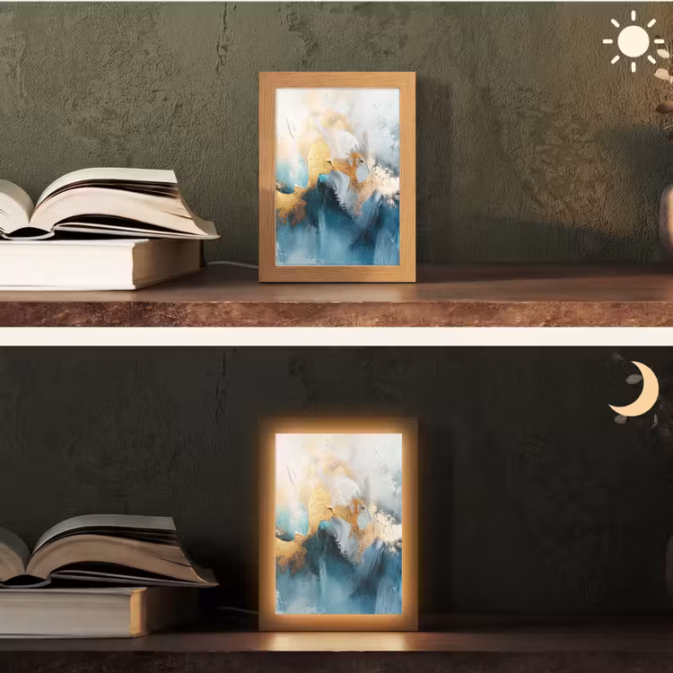 Abstract - Kunst - Gold - Blauw Light Box met kabel (Tafellamp) klein -sfeer3